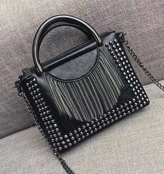 Женская сумка через плечо в стиле панк из искусственной кожи, модная черная сумка через плечо, сумка-тоут с цепочкой с кисточками, женская сумка через плечо, кошелек чёрный