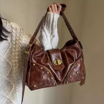 Женская сумка через плечо в стиле ретро с заклепками, 2024, зимняя женская винтажная сумка из искусственной кожи, женская сумка через плечо коричневый