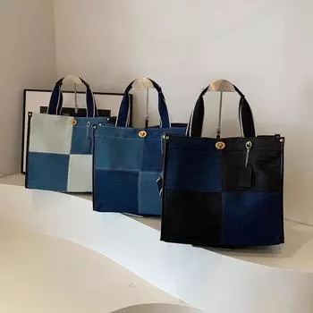 Женская сумка через плечо в стиле ретро, большая вместительная джинсовая винтажная сумка на плечо с регулируемым ремешком, клетчатая сумка-портфель, женская уличная сумка темно-синий