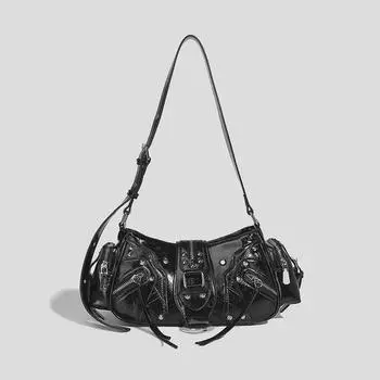 Женская сумка через плечо в стиле ретро-мотоцикла с заклепками - многокарманная сумка-мессенджер из вощеной кожи чёрный