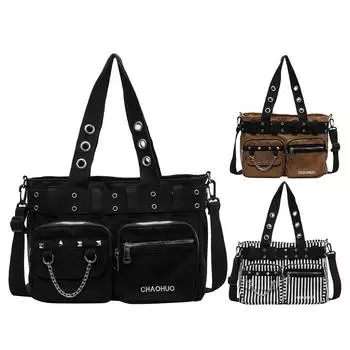 Женская сумка через плечо в стиле рокабилли с цепочкой, парусиновая сумка в стиле панк-рок, сумка-тоут с застежкой-молнией и заклепками, повседневная сумка в стиле рок для девочек Black