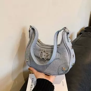 Женская сумка через плечо, винтажная, повседневная, хобо, джинсовая, со звездами, однотонная, подмышечная сумка для девочек, дамский кошелек, тоут 22x7.5x18cm чёрный