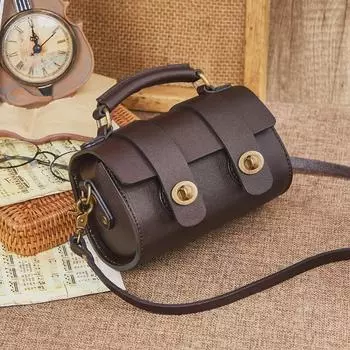 Женская сумка-цилиндр из натуральной кожи в стиле ретро 2025 года - первый слой из коровьей кожи, простой круглый дизайн, сумка через плечо и сумка-мессенджер