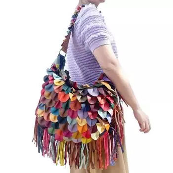 Женская сумка Цветная бахрома из овчины Сумка через плечо Сумка Стиль Кожаная сращивание листьев Сумка разноцветный