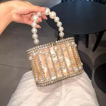 Женская сумка Diamond Birdcage Hollow, модная жемчужная обеденная сумка, сумка-корзина для овощей на цепочке премиум-класса розовый