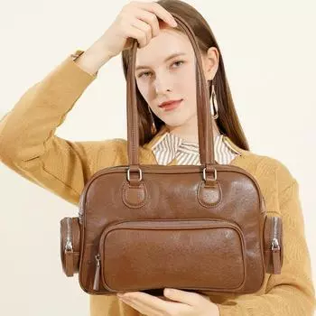 Женская сумка для боулинга в стиле ретро, однотонная: Универсальная сумка для поездок на работу и учебу на осень/зиму, которую можно носить в руке или на плече. 31*10*21 чёрный