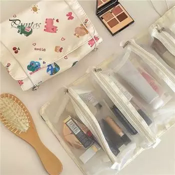Женская сумка для хранения с мультяшным животным принтом, большая вместимость, несколько карманов, прозрачная классическая сумка на молнии для хранения, дорожная косметичка, косметичка белый