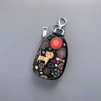 Женская сумка для ключей из натуральной кожи в стиле ретро-этнического стиля 2023 года с подвеской на молнии и цветным принтом