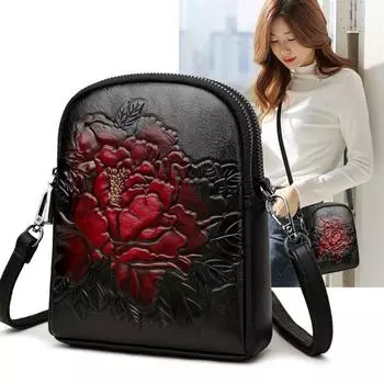 Женская сумка для мобильного телефона с тиснением и росписью в этническом стиле, универсальный двухслойный вертикальный кошелек через плечо для монет