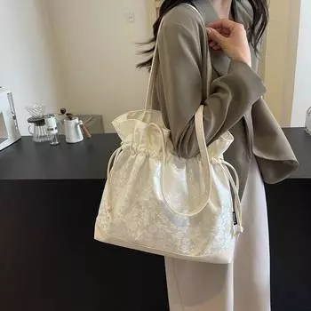 Женская сумка для покупок на шнурке, однотонная большая сумка, портативная сумка на плечо чёрный