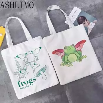 Женская сумка для покупок с мультяшным лягушкой и рисунком забавного животного, большая вместительная сумка-тоут, эстетичная сумка на плечо, эко-холщовая сумка, сумка 24*26cm