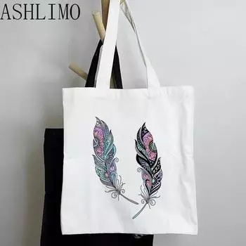 Женская сумка для покупок, сумка с перьями, большая вместительная складная многоразовая сумка-шоппер в стиле Харадзюку, студенческая холщовая сумка-тоут 24*26cm