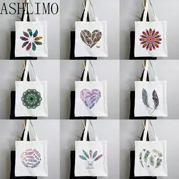 Женская сумка для покупок, сумка с перьями, большая вместительная складная многоразовая сумка-шоппер в стиле Харадзюку, студенческая холщовая сумка-тоут 24*26cm