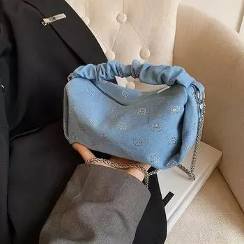 Женская сумка из денима с бриллиантами, новый модный дизайн, современная сумка через плечо, уникальная синяя плиссированная сумка