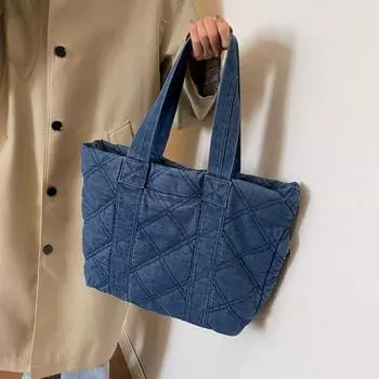Женская сумка из денима с вышивкой в виде ромба, хлопковая сумка для одежды, женская простая вместительная сумка через плечо для поездок на работу синий