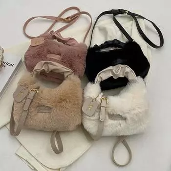 Женская сумка из искусственного меха, однотонная плюшевая сумка с регулируемым плечевым ремнем, удобная модная сумка для женщин и девочек чёрный