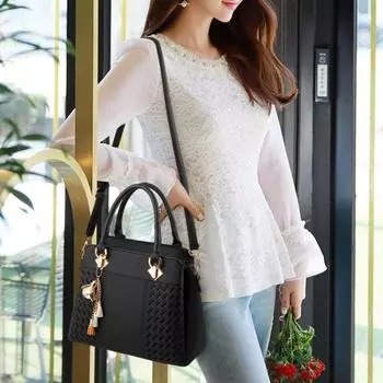 Женская сумка из искусственной кожи, большая вместительная вышивка, подвеска с кисточкой, декор, пряжка из сплава, однотонная женская сумка на плечо для поездок на работу темно-серого