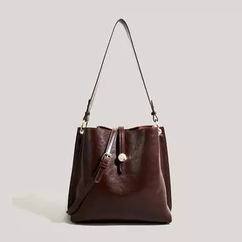 Женская сумка из искусственной кожи на одно плечо, большая вместимость, офисная женская сумка-ведро, корейская винтажная классическая женская сумка (20cm<Max Length<30cm)