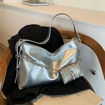 Женская сумка из искусственной кожи с цепочкой и декором из натуральной кожи, большая емкость, серебряная сумка через плечо с мини-кошельком 40x8x25cm серебряный