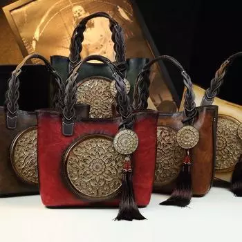 Женская сумка из коровьей кожи, ретро, универсальная сумка ручной работы, новинка 2025 года, натуральная кожа, китайский стиль, рельеф, тотем, женская сумка через плечо красный