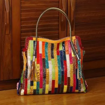 Женская сумка из кожи в этническом стиле с бахромой под змеиный узор случайного цвета