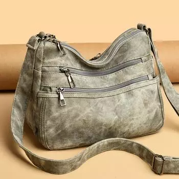 Женская сумка из мягкой кожи, большая вместительная сумка через плечо для мамы бежевый