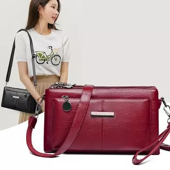 Женская сумка из мягкой кожи, материнская сумка, сумка через плечо среднего возраста, сумка на плечо, многослойная сумка, сумка для мобильного телефона чёрный