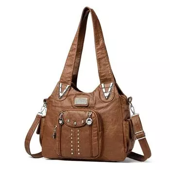 Женская сумка из мытой кожи контрастного цвета, через плечо, портативная, мягкая кожаная, вместительная, многослойная сумка коричневый