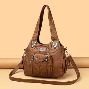 Женская сумка из мытой кожи, винтажная модная сумка с заклепками и мягкими карманами, вместительная сумка через плечо