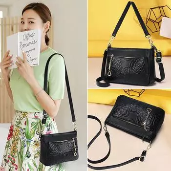 Женская сумка из натуральной кожи Feiya Leather Goods, первый слой, воловья кожа, модная тисненая роза, одно плечо, портативная маленькая квадратная сумка серый