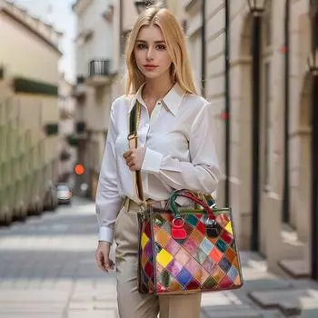 Женская сумка из натуральной кожи Head Layer Cowhide Splicing Handbag большой емкости в этническом стиле для отдыха с косым крестом