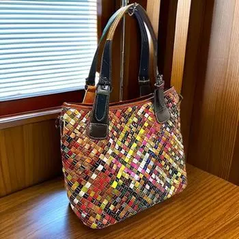 Женская сумка из натуральной кожи, плетеная в этническом стиле, сшитая вручную цветная сумка из коровьей кожи, сумка-мессенджер через плечо разноцветный