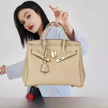 Женская сумка из натуральной кожи ручной работы с вощеной нитью и замком-пряжкой - Lychee Grain Platinum Cowhide