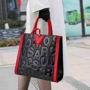 Женская сумка из натуральной кожи с буквенным принтом, новая, большая вместимость, контрастная кожаная сумка через плечо коричневый