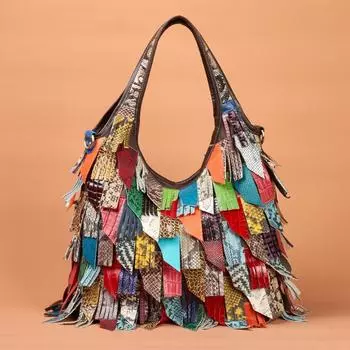 Женская сумка из натуральной кожи с кисточками, сумка на одно плечо, сумка через плечо в стиле пэчворк разноцветный