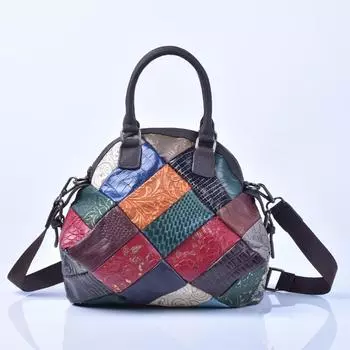Женская сумка из натуральной кожи в этническом стиле, контрастная цветовая гамма, мягкая сумка через плечо из коровьей кожи для женщин разноцветный