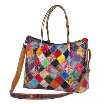 Женская сумка из натуральной кожи, в стиле пэчворк из коровьей кожи, вместительная женская сумка-тоут на одно плечо через плечо разноцветный