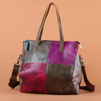 Женская сумка из натуральной кожи, винтажная, контрастного цвета, через плечо, большая вместительная сумка-тоут для женщин разноцветный