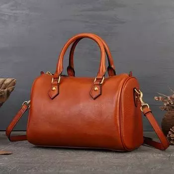 Женская сумка из натуральной кожи, винтажная сумка-тоут для поездок на работу, сумка через плечо Boston Bow-top из коровьей кожи темно-коричневого