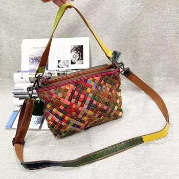 Женская сумка из плетеной кожи, переносная сумка-мессенджер, многослойная сумка на молнии, кожаная сумка разноцветный