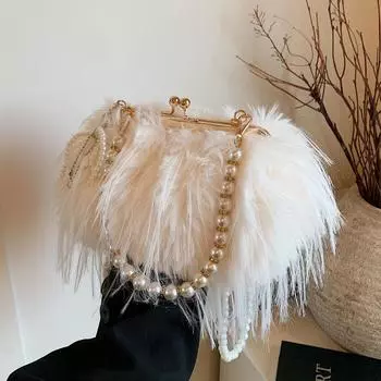 Женская сумка из плюша в стиле ретро, цепочка с бахромой из жемчуга, пушистая сумка, европейская и американская сумка через плечо Fairy Wind no pendant хаки