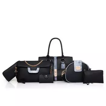 Женская сумка из шести предметов, модная элегантная сумка в виде змеиной чешуи, сумка через плечо, сумка через плечо, кошелек None чёрный