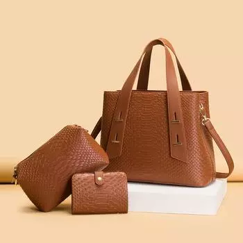Женская сумка из трех предметов, модная женская сумка в стиле ретро, мягкая кожа с рисунком крокодила, съемный ремешок для руки, женская сумка через плечо