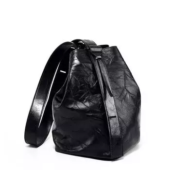 Женская сумка из воловьей кожи с верхним слоем, высококачественная сумка-ведро в стиле ретро, сумка через плечо из натуральной кожи на одно плечо, плиссированная сумка в ленивом стиле чёрный
