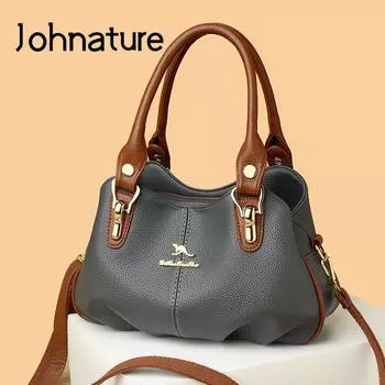 Женская сумка Johnature, большая вместительная сумка, модная универсальная кожаная сумка, однотонная повседневная сумка на плечо чёрный