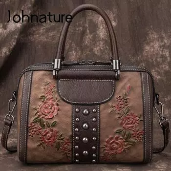 Женская сумка Johnature из коровьей кожи в стиле ретро, ручная роспись, цветочная сумка, большая вместительная сумка из коровьей кожи на плечо и через плечо