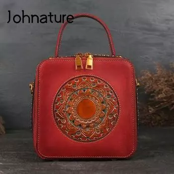 Женская сумка Johnature из натуральной кожи с тиснением и небольшим клапаном с цветочным принтом, сумки на плечо и через плечо