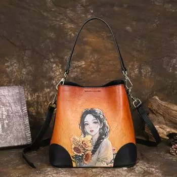 Женская сумка Johnature из натуральной кожи с ручной росписью в стиле ретро, универсальная сумка-ведро большой вместимости, сумки на плечо зелёный