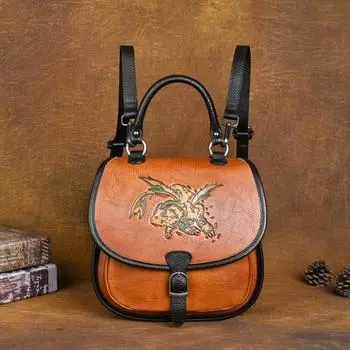 Женская сумка Johnature из натуральной кожи в стиле ретро, трехцелевой небольшой рюкзак, универсальные сумки на плечо и через плечо из тисненой воловьей кожи чёрный