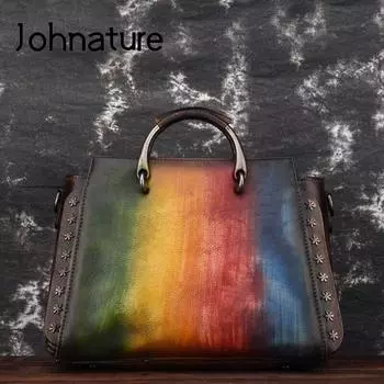 Женская сумка Johnature из натуральной кожи в стиле ретро, модная сумка с заклепками, повседневная сумка через плечо большой емкости, сумки-мессенджеры зелёный